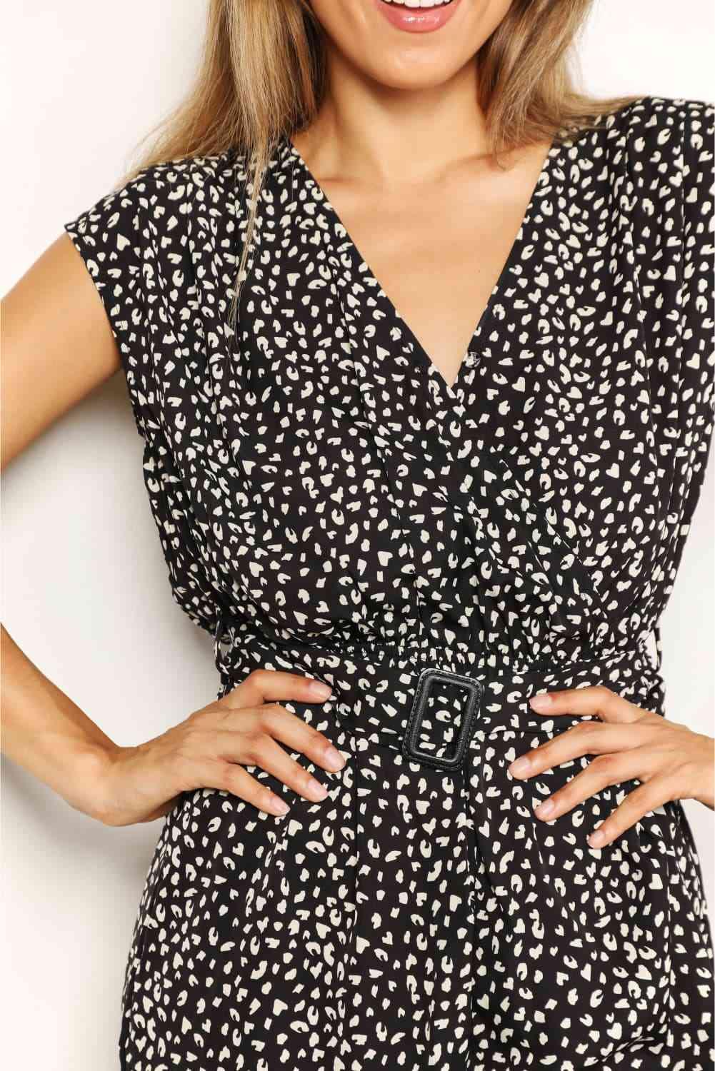 Double Take Animal Print Belted Romper rompers