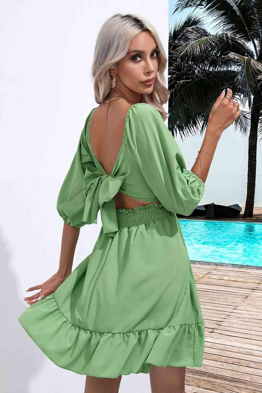 Square Neck Tie Back Ruffle Hem Dress Dress