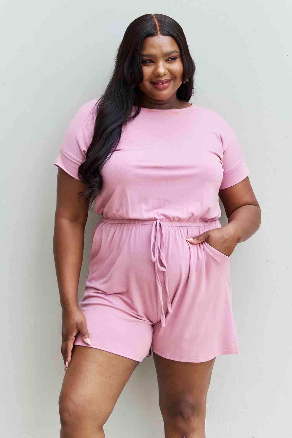 Zenana Chilled Out Full Size Short Sleeve Romper in Light Carnation Pink rompers