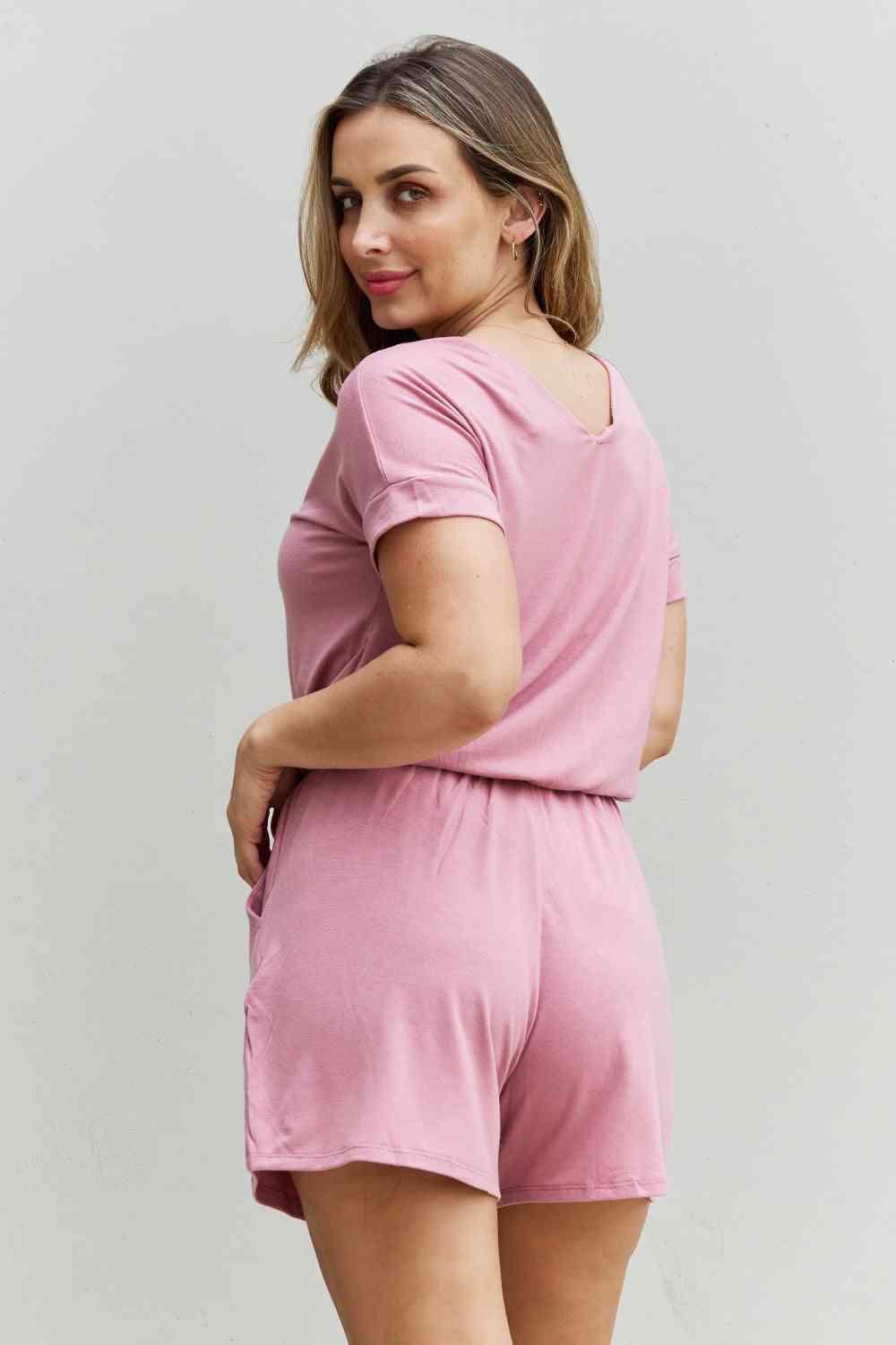 Zenana Chilled Out Full Size Short Sleeve Romper in Light Carnation Pink rompers