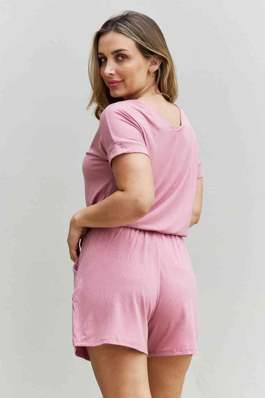 Zenana Chilled Out Full Size Short Sleeve Romper in Light Carnation Pink rompers