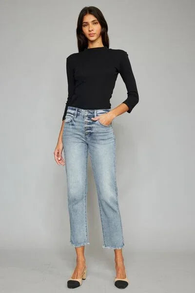 Kancan High Waist Button Fly Raw Hem Cropped Straight Jeans pants