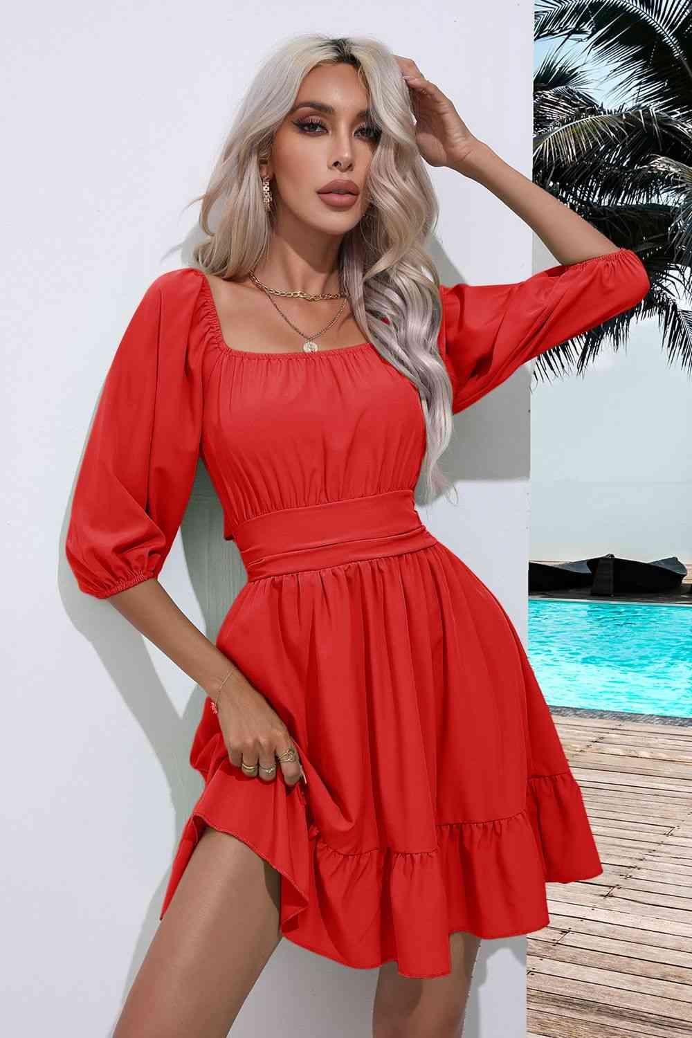 Square Neck Tie Back Ruffle Hem Dress Dress Red