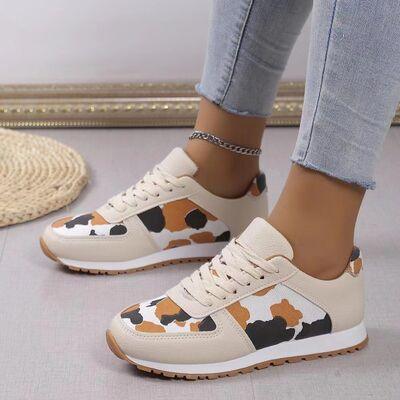 Tied Printed PU Leather Athletic Shoes Ivory
