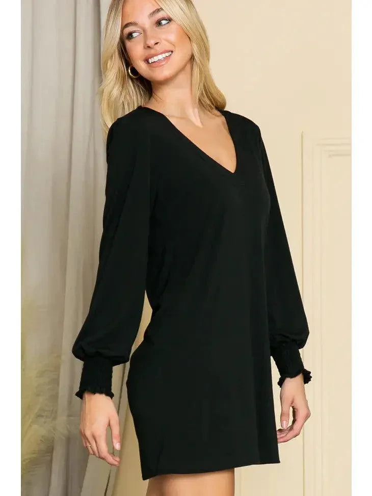 Plus Solid Long Sleeve V Neck Dress Dress