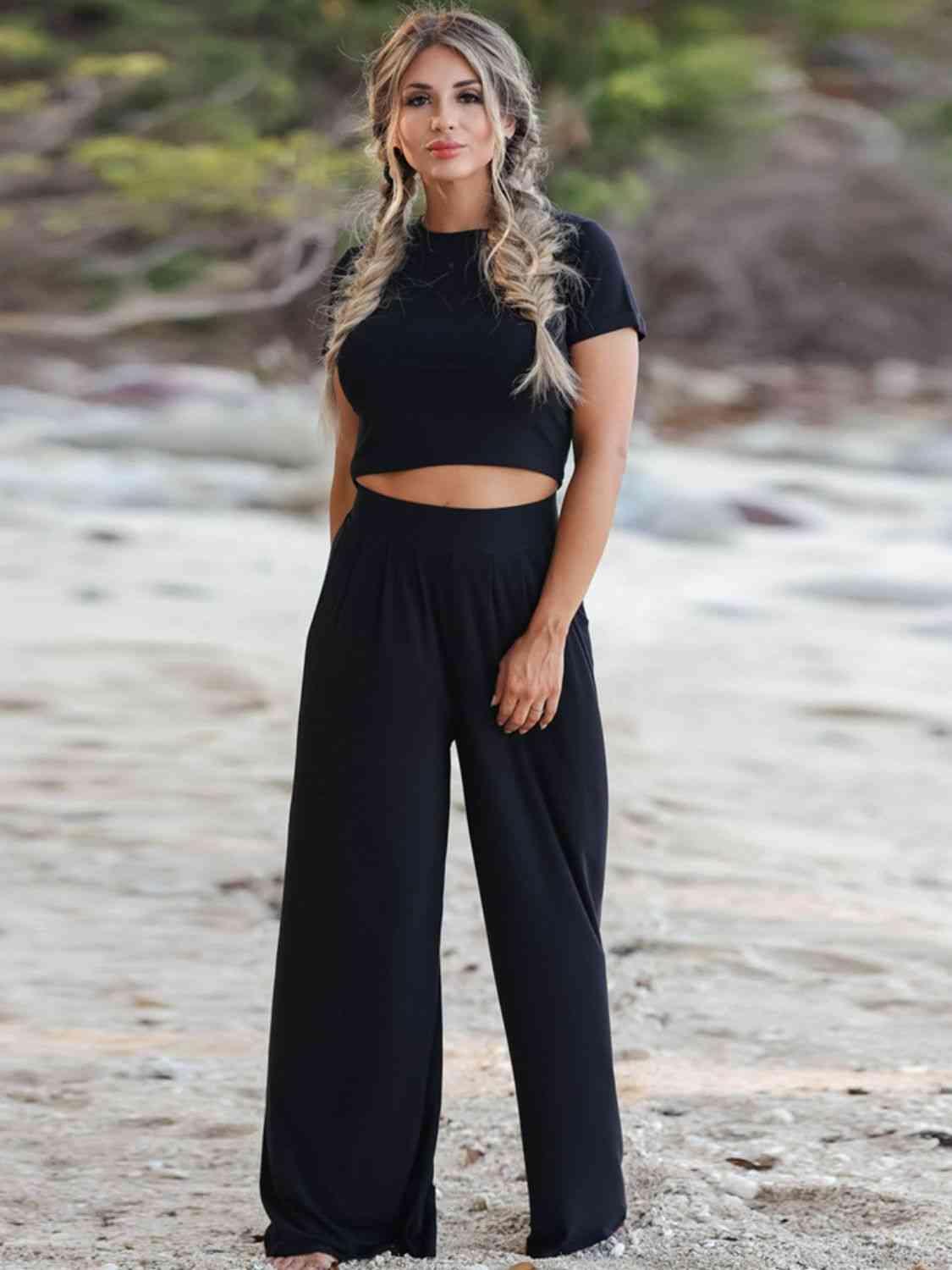 Short Sleeve T-Shirt and Wide Leg Pants Set Black