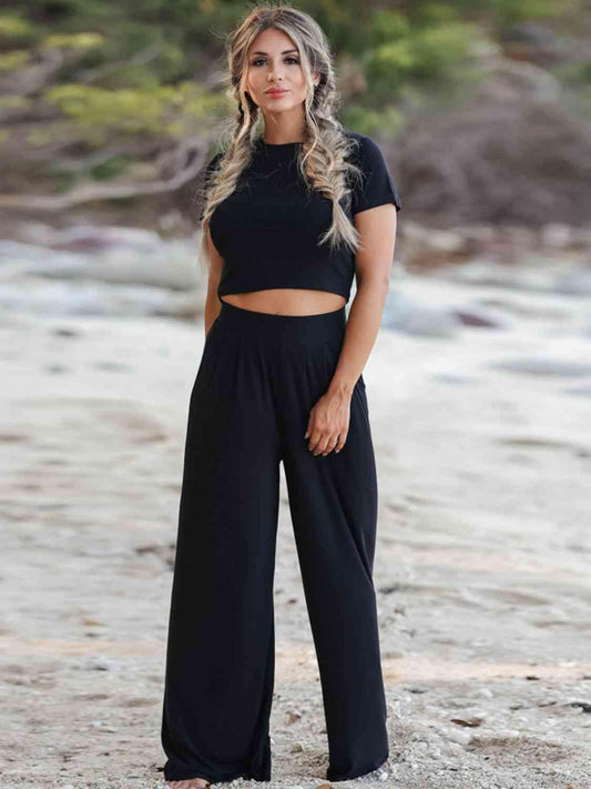 Short Sleeve T-Shirt and Wide Leg Pants Set Black