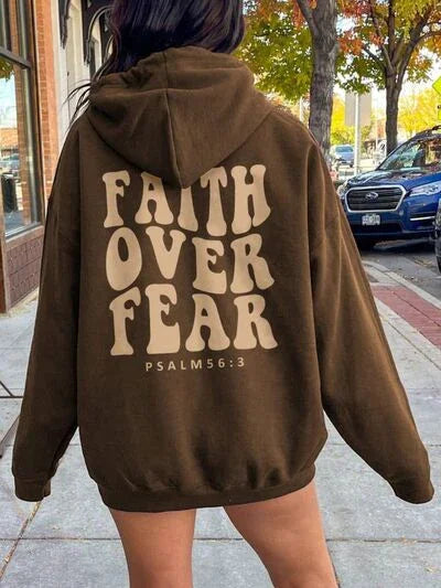 FAITH OVER FEAR Dropped Shoulder Hoodie Sweatshirt Burnt Umber