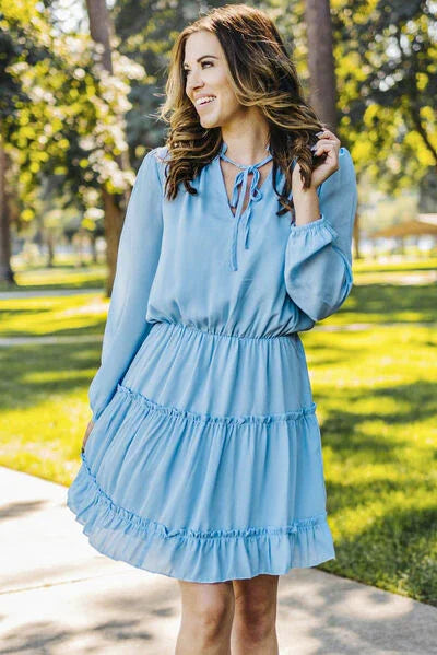Frill Tie Neck Balloon Sleeve Dress Dress Pastel Blue