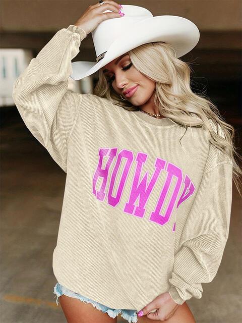 Full Size HOWDY Graphic Round Neck Sweatshirt Sweatshirt Ivory