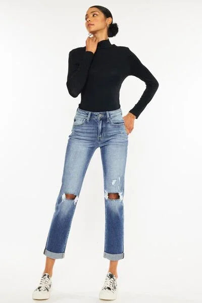 Kancan High Waist Distressed Hem Detail Cropped Straight Jeans pants