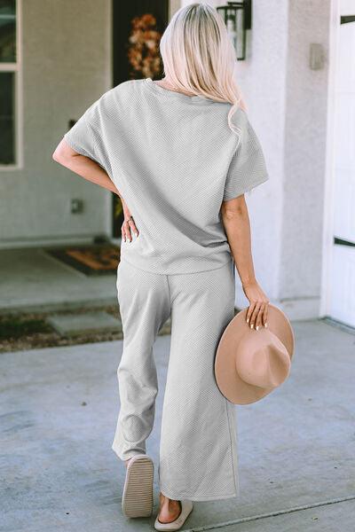 Double Take Full Size Texture Short Sleeve Top and Pants Set Clothing Set