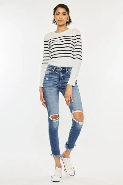 Kancan High Waist Distressed Raw Hem Ankle Skinny Jeans pants