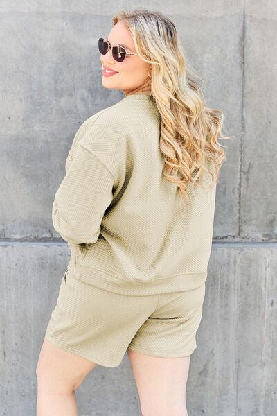 Double Take Full Size Texture Long Sleeve Top and Drawstring Shorts Set Clothing Set
