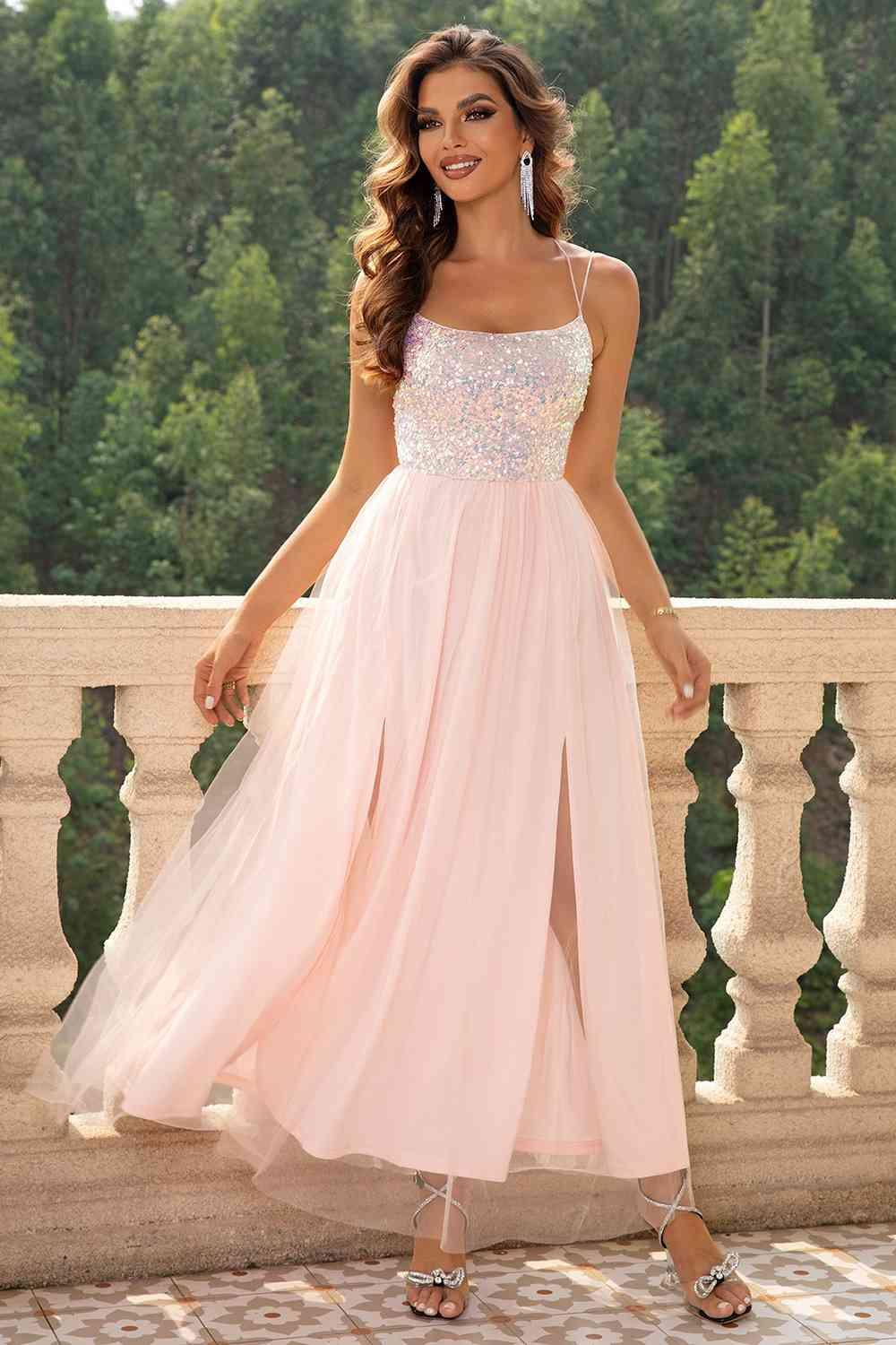 Lace-Up Backless Mesh Dress formal dress Blush Pink