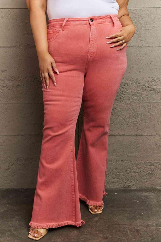 RISEN Bailey Full Size High Waist Side Slit Flare Jeans pants Coral