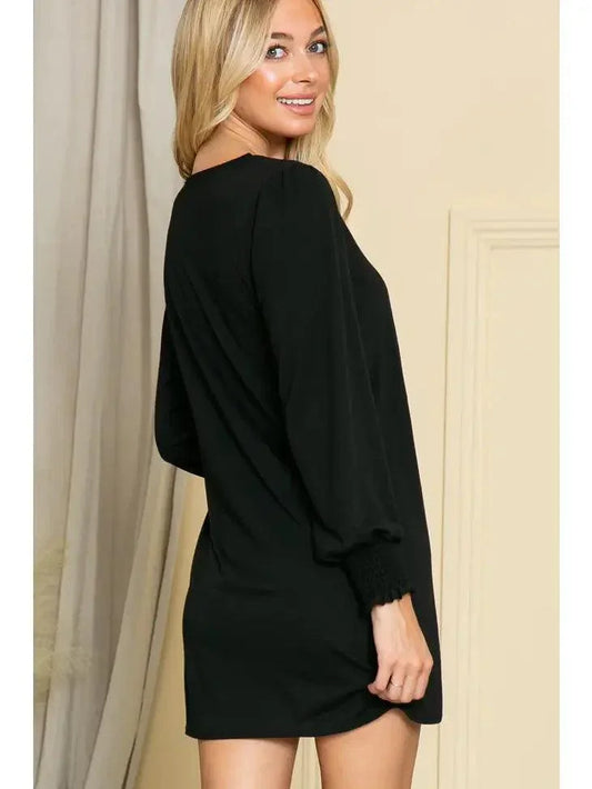 Plus Solid Long Sleeve V Neck Dress Dress