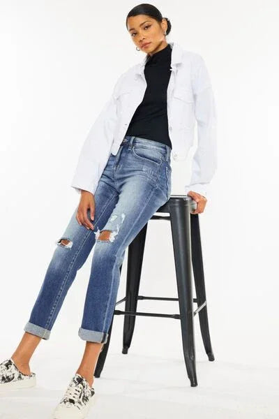 Kancan High Waist Distressed Hem Detail Cropped Straight Jeans pants