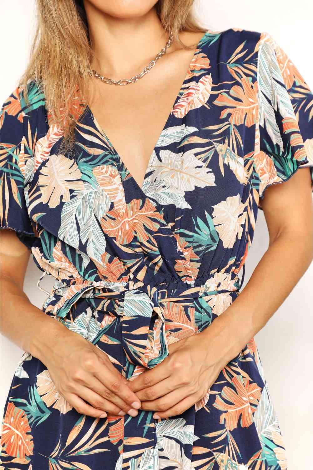Double Take Botanical Print Surplice Neck Tie Waist Romper rompers