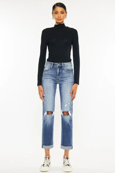Kancan High Waist Distressed Hem Detail Cropped Straight Jeans pants