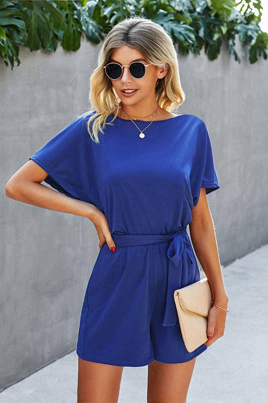 Round Neck Short Sleeve Solid Romper rompers