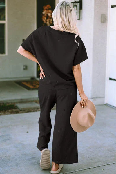 Double Take Full Size Texture Short Sleeve Top and Pants Set Clothing Set