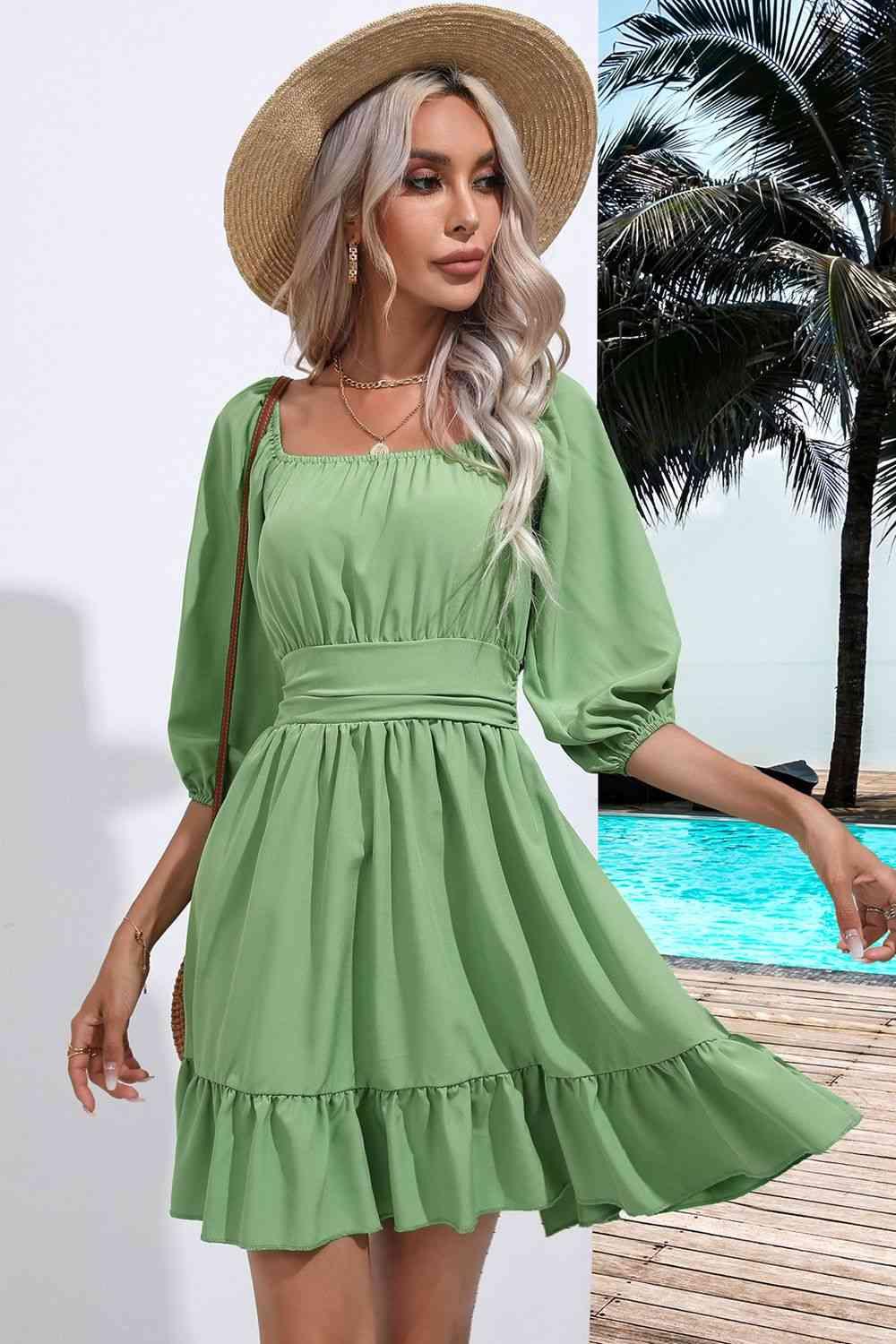 Square Neck Tie Back Ruffle Hem Dress Dress