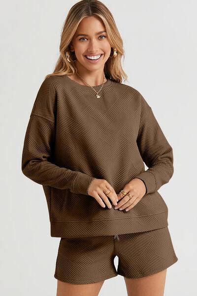 Double Take Full Size Texture Long Sleeve Top and Drawstring Shorts Set Clothing Set Chestnut