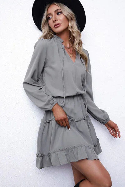 Frill Tie Neck Balloon Sleeve Dress Dress