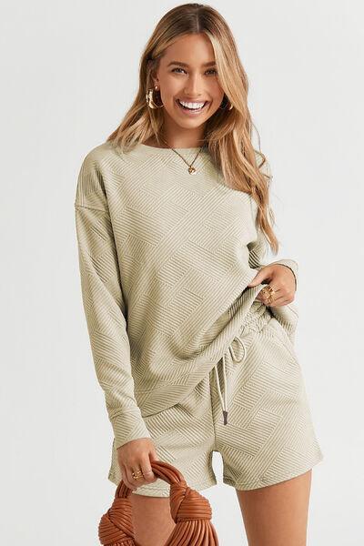 Double Take Full Size Texture Long Sleeve Top and Drawstring Shorts Set Clothing Set Tan