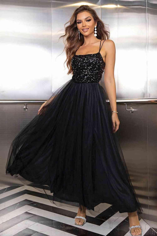 Lace-Up Backless Mesh Dress formal dress Black