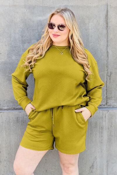 Double Take Full Size Texture Long Sleeve Top and Drawstring Shorts Set Clothing Set