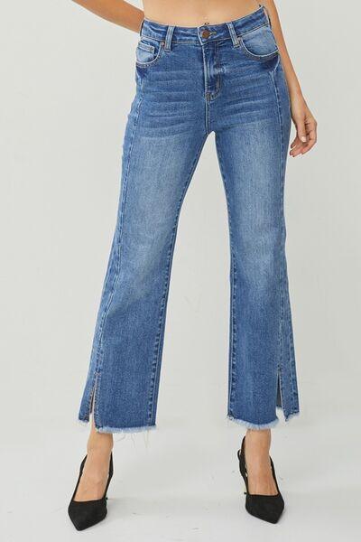 RISEN High Waist Raw Hem Slit Straight Jeans pants DARK