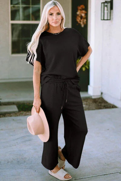 Double Take Full Size Texture Short Sleeve Top and Pants Set Clothing Set