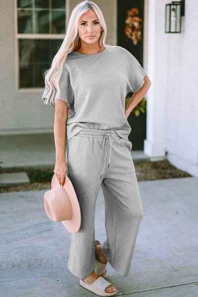 Double Take Full Size Texture Short Sleeve Top and Pants Set Clothing Set