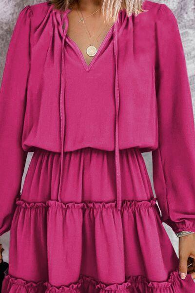 Frill Tie Neck Balloon Sleeve Dress Dress Hot Pink
