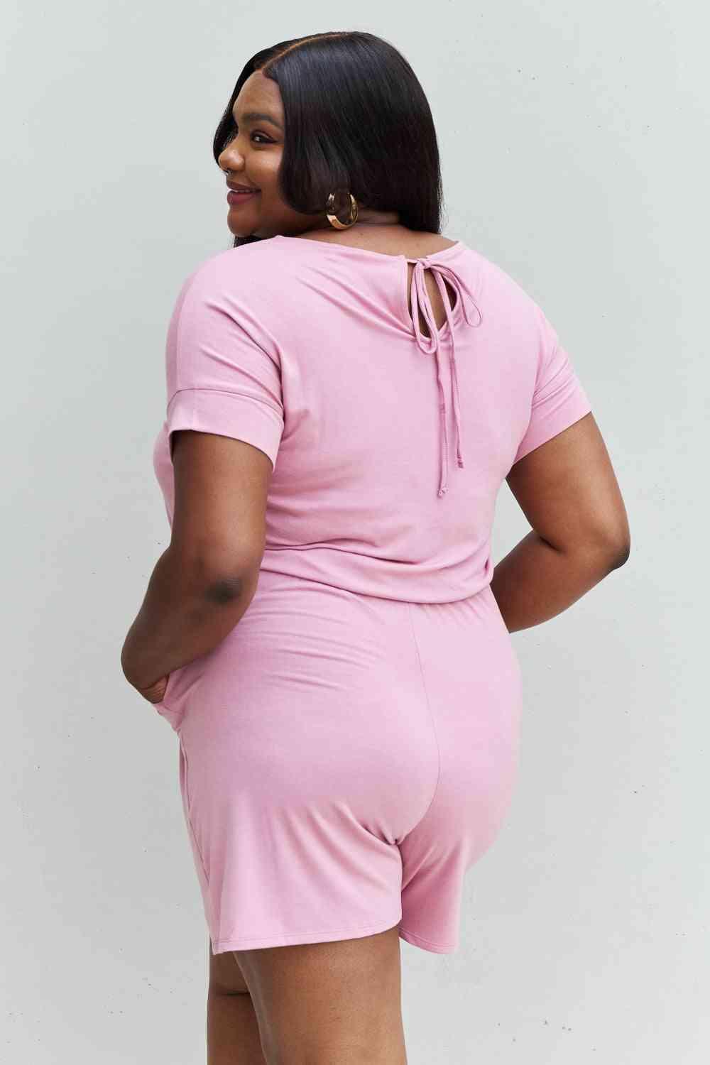 Zenana Chilled Out Full Size Short Sleeve Romper in Light Carnation Pink rompers