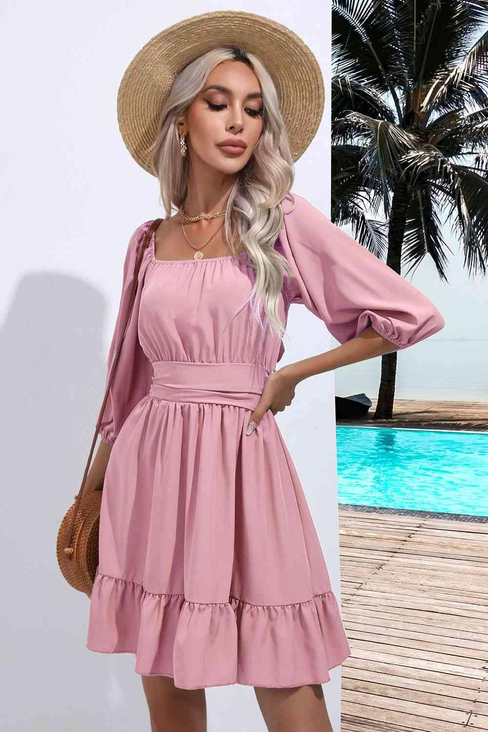 Square Neck Tie Back Ruffle Hem Dress Dress