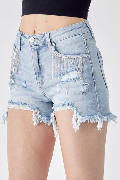 RISEN Frayed Hem Denim Shorts with Fringe Detail Pockets shorts LIGHT
