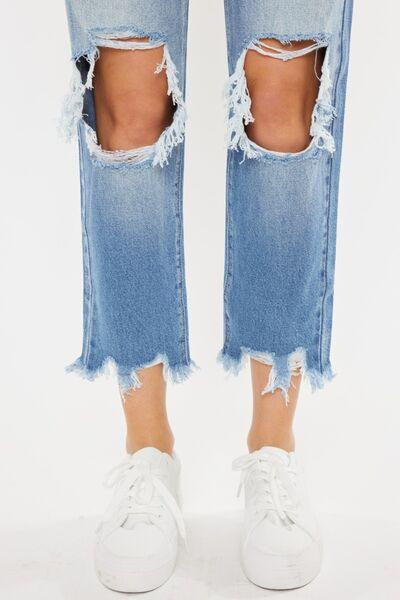 Kancan High Waist Chewed Up Straight Mom Jeans pants