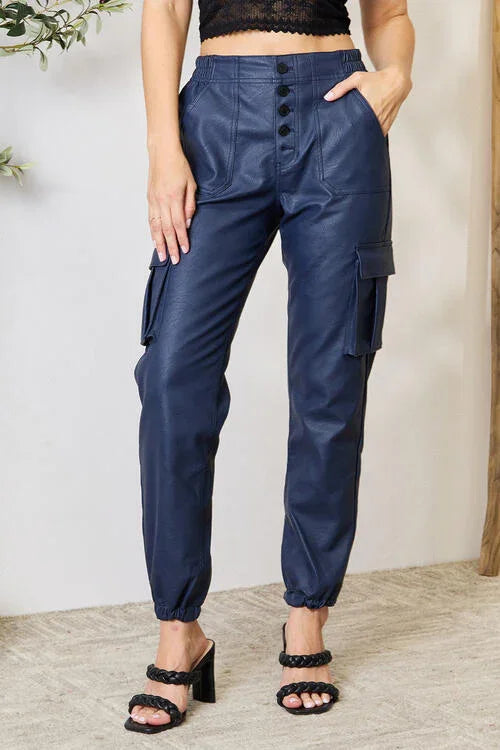Kancan High Waist Faux Leather Cargo Joggers pants Navy