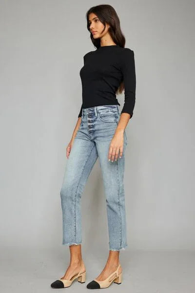 Kancan High Waist Button Fly Raw Hem Cropped Straight Jeans pants