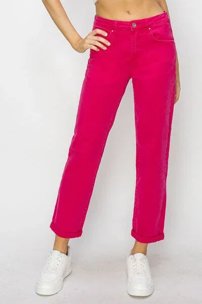 RISEN High Waist Rolled Hem Straight Jeans pants FUCHSIA