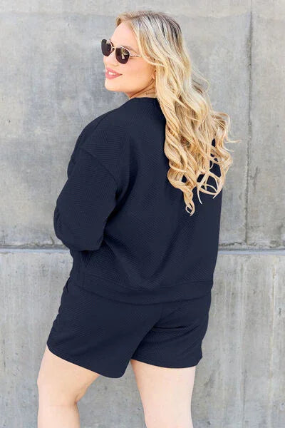 Double Take Full Size Texture Long Sleeve Top and Drawstring Shorts Set Clothing Set