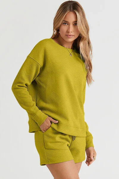 Double Take Full Size Texture Long Sleeve Top and Drawstring Shorts Set Clothing Set