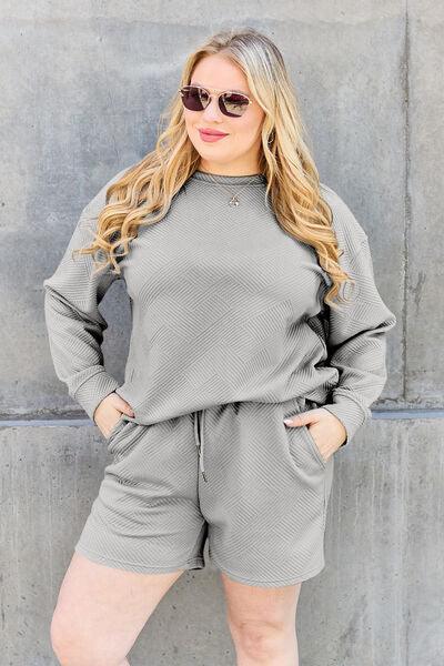 Double Take Full Size Texture Long Sleeve Top and Drawstring Shorts Set Clothing Set