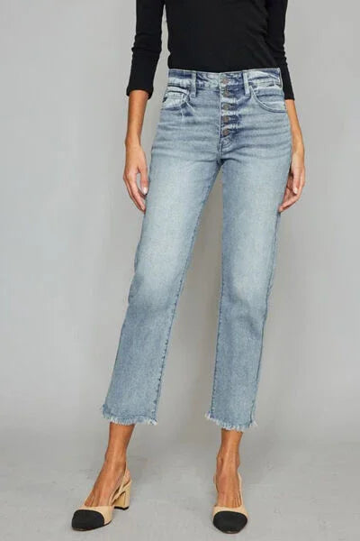 Kancan High Waist Button Fly Raw Hem Cropped Straight Jeans pants Light