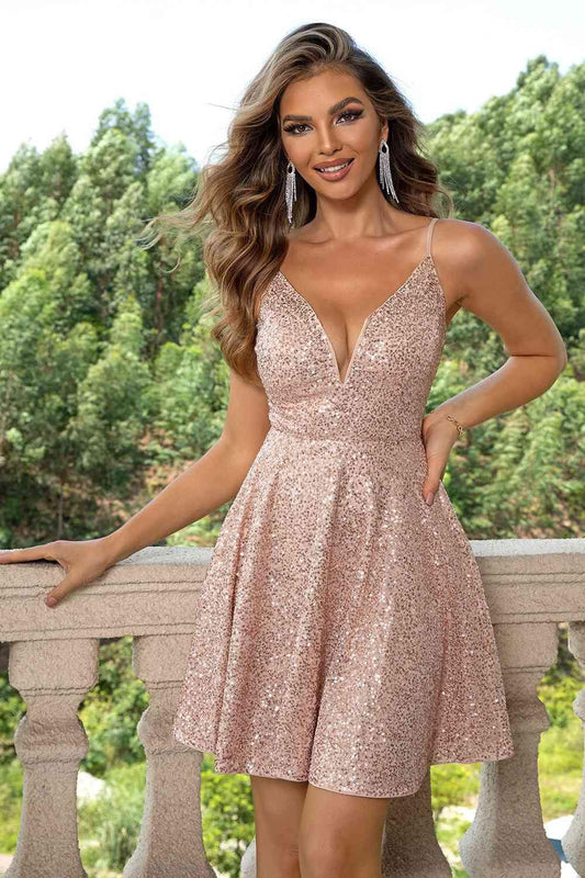 Sequin Spaghetti Strap Dress formal dress Camel