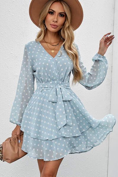 Tied Layered Polka Dot Balloon Sleeve Dress Dress