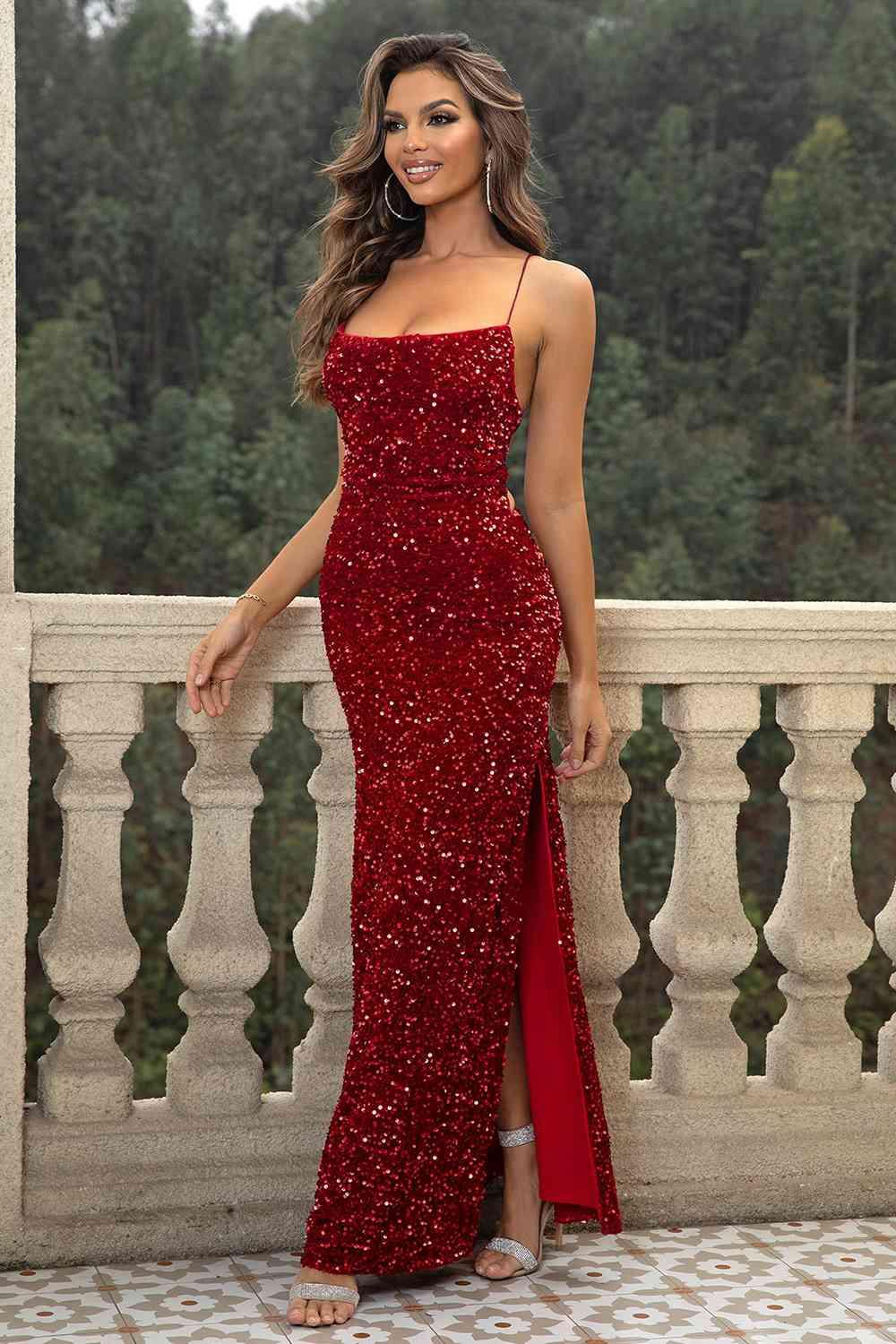 Sequin Backless Split Maxi Dress formal dress